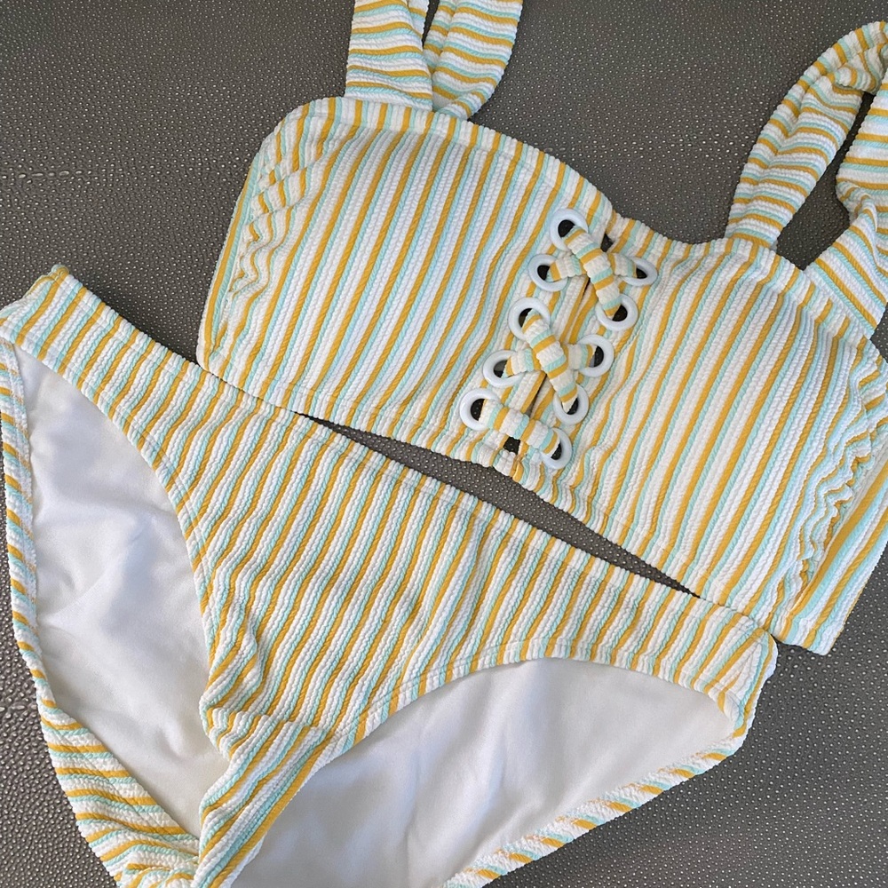 Yellow blue and white stripped bikini